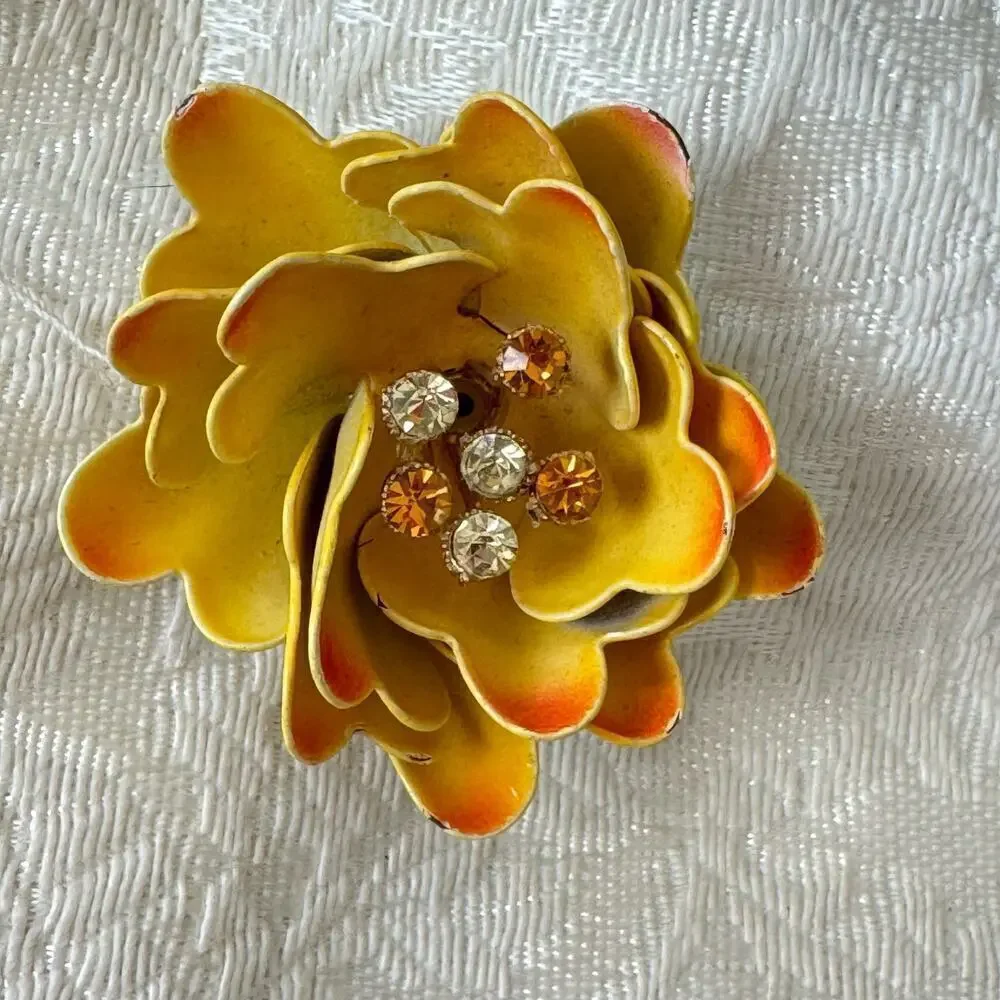 Vintage CORO Flower Brooch Large Yellow & Orange Enamel Metal Rhinestone Pin